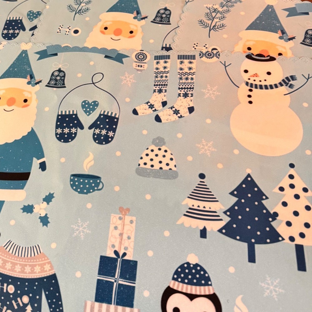 Christmas Santa Snowman Penguin Placemats‎ Set of 4 Lt Blue Holiday Table Decor